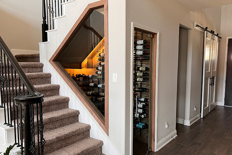 custom wine cellar under the stairs in Katy Houston, Texas