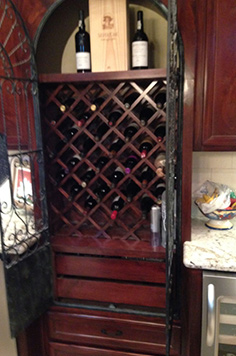 kitchen wine cellar, small wine cellar, aabc wine cellar, small storage, french, victorian, gothic, custom design, diamond cubby, custom wood work